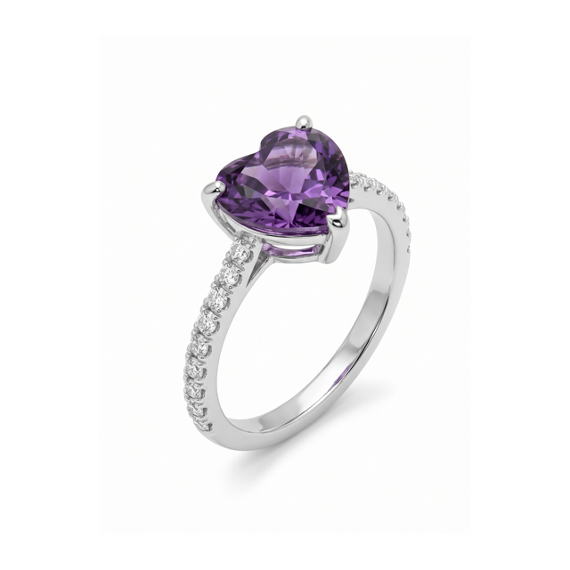 Bague cœur violet avec zircone 100 % acier inoxydable couleur argent