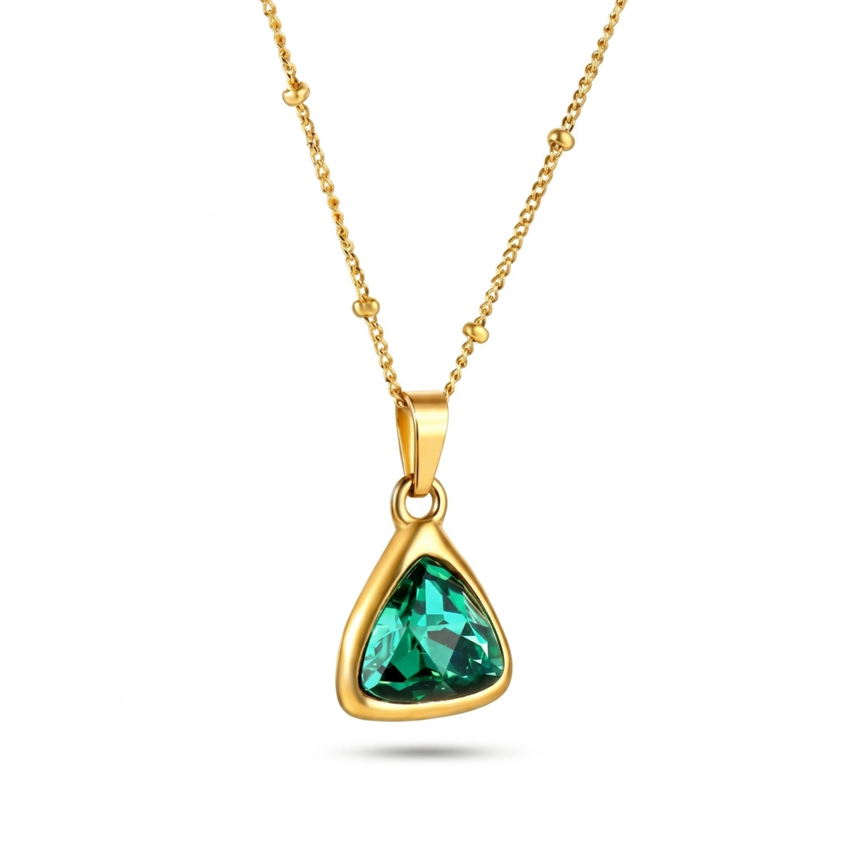 Collier triangle avec cristal émeraude - Acier inoxydable plaqué or