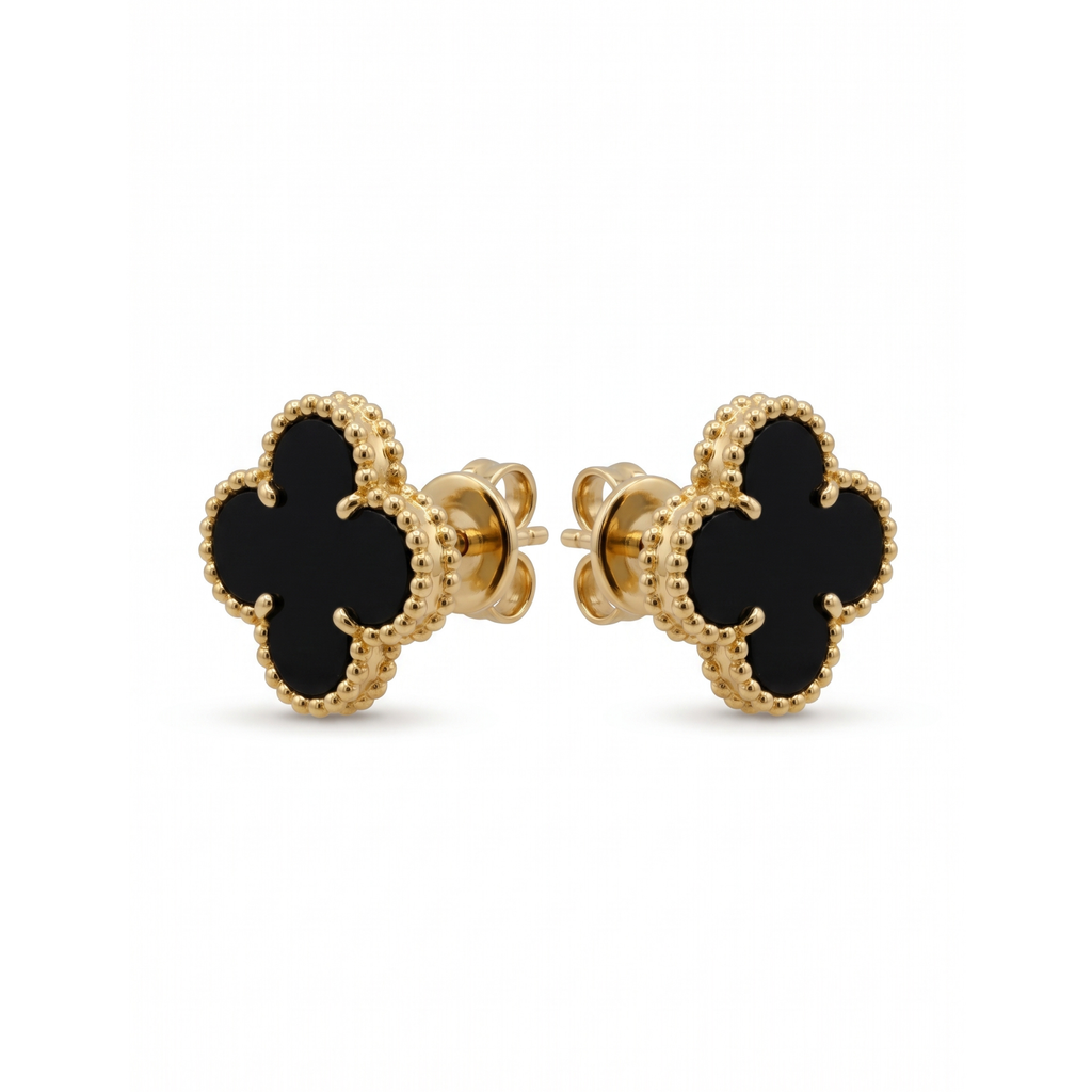 Pendientes de Trébol con Ónix Negro 100% Acero Bañados en Oro de 18K - Sofisticación Atemporal