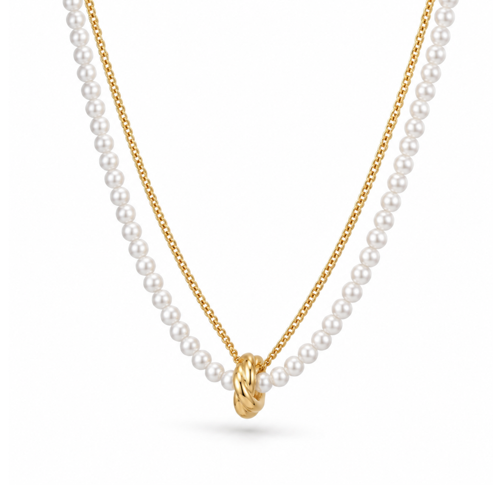 Collar Dúo Perlé con Anillo Torsade Entrelazado