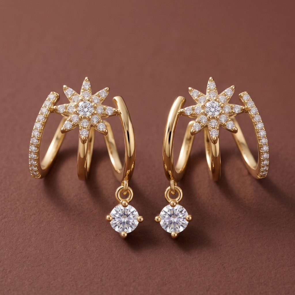 Celestial Arc & Sparkling Drop Earrings