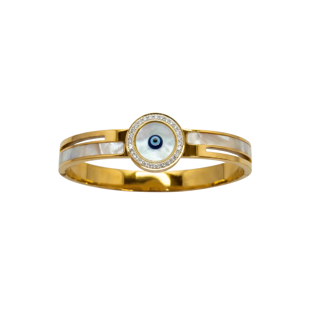 Rigid Bracelet with Evil Eye and Mother-of-Pearl - 100% 18K Gold Plated Steel
