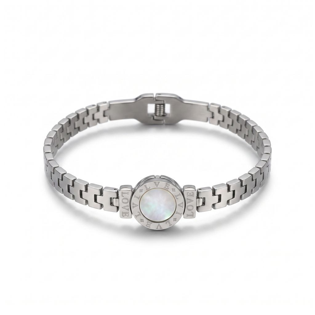 Rigid Bracelet with Central Mother-of-Pearl and Textured Pattern - 100% Black Rhodium Plated Steel
