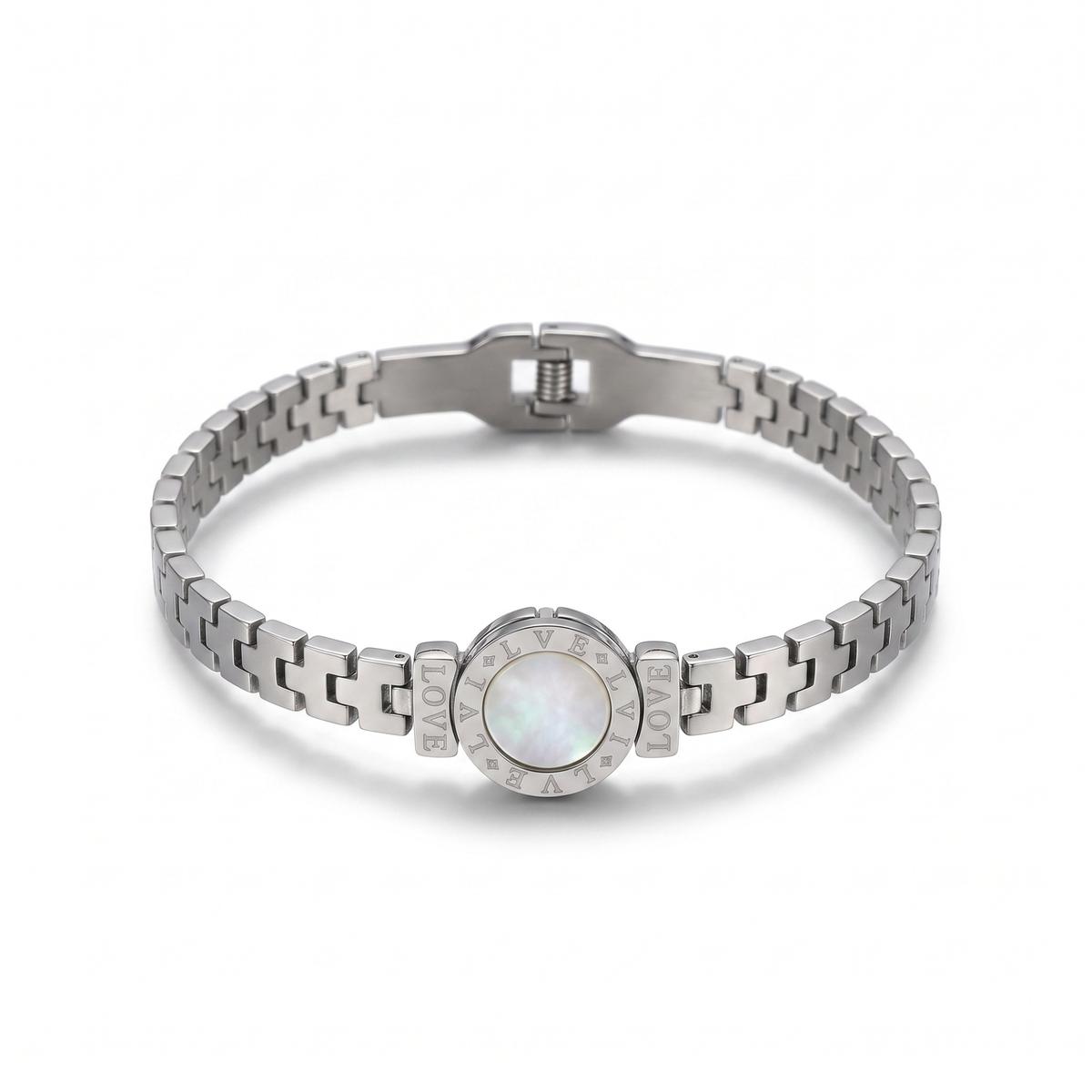 Rigid Bracelet with Central Mother-of-Pearl and Textured Pattern - 100% Black Rhodium Plated Steel