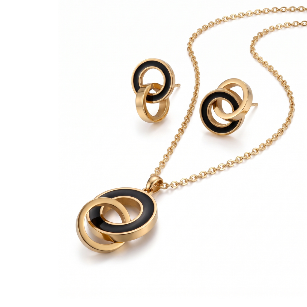 Intertwined Circles Necklace and Earrings - Black
