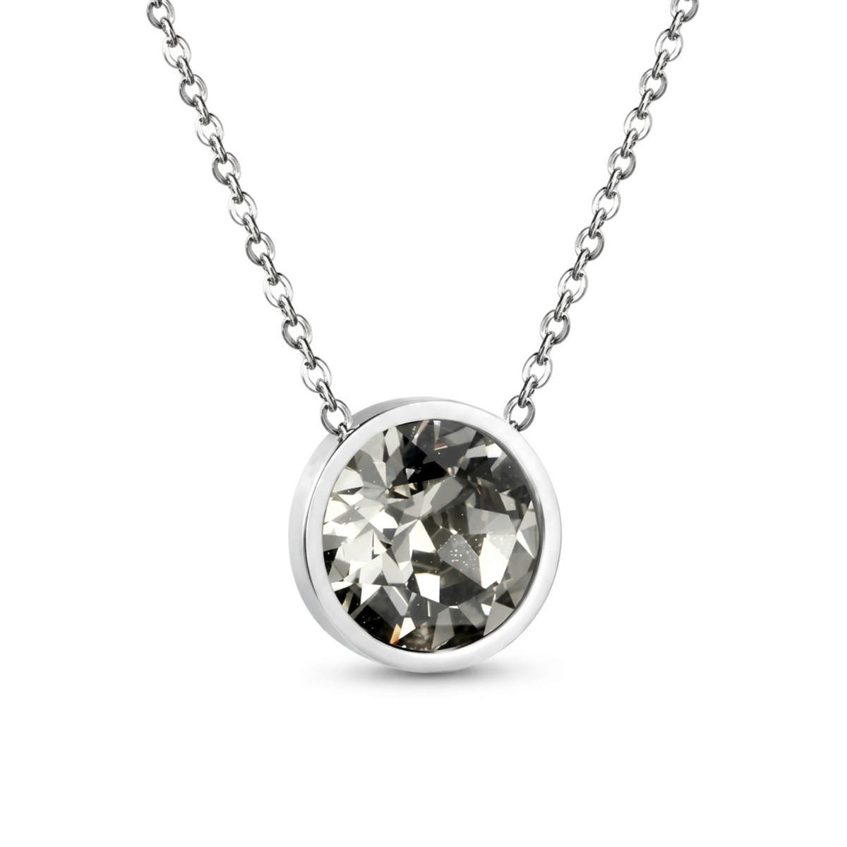 Solitaire Necklace with Round Crystal - 100% Silver Plated Steel