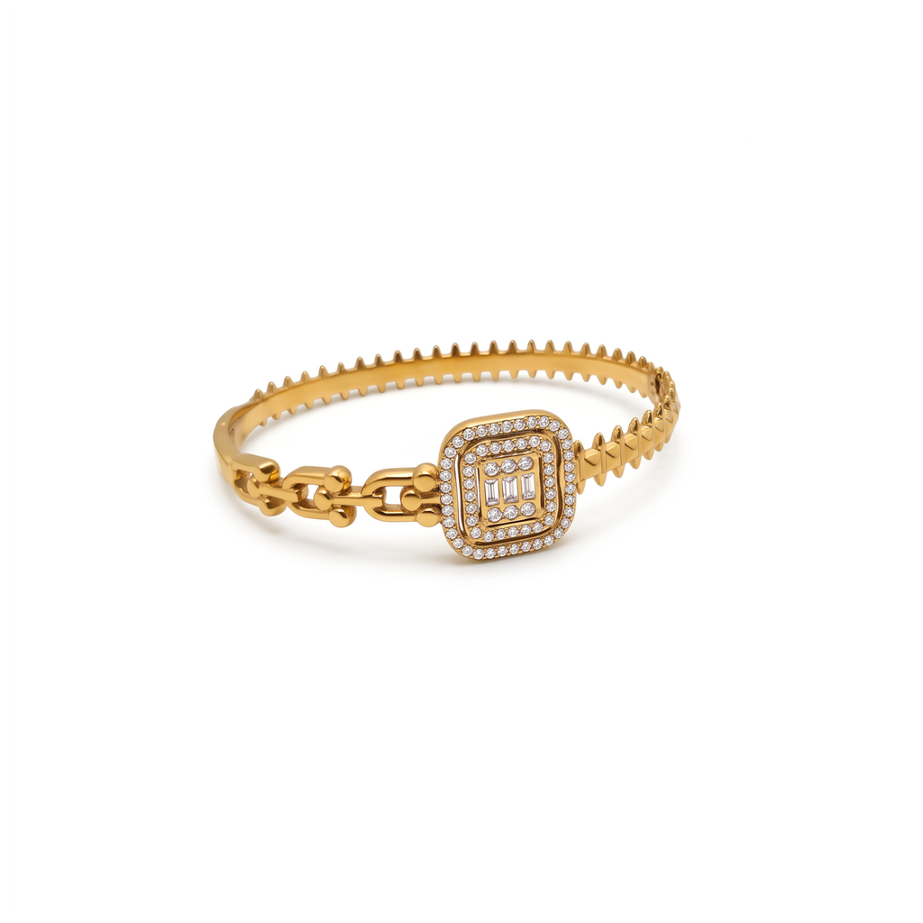 Rigid Bracelet with Square Cubic Zirconia Charm 100% Steel 18K Gold Plated