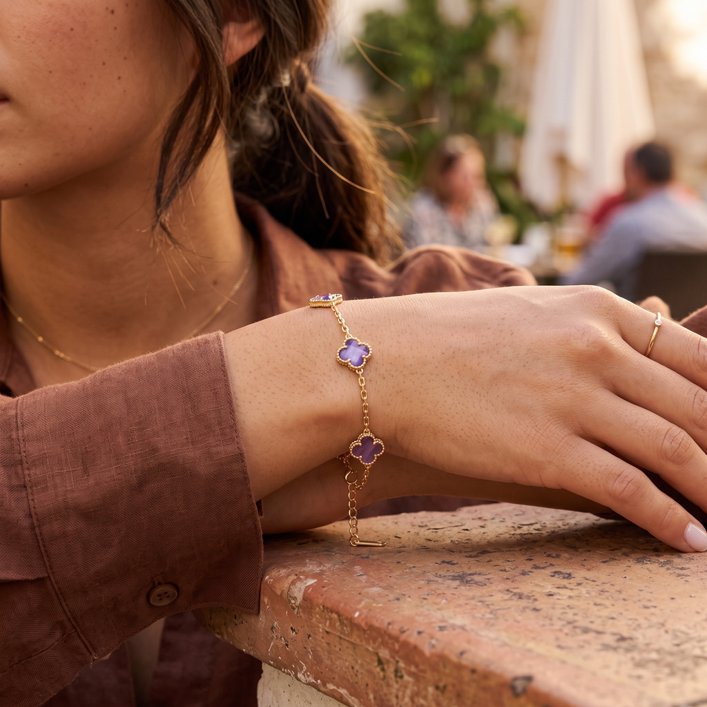 Purple Marbled Clover Bracelet 100% 18K Gold Plated Steel