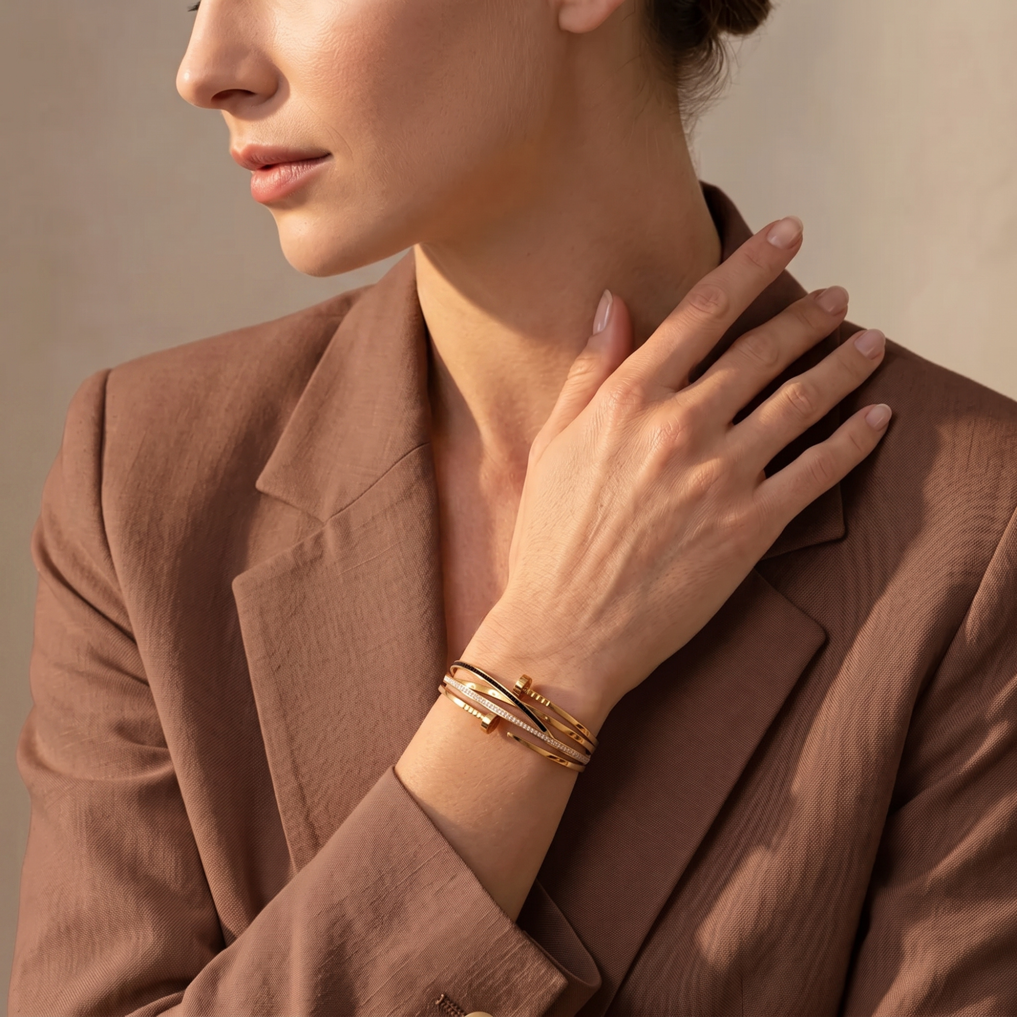 Rigid Bracelet Intertwined Design with Nail, Zirconia and Black Enamel 100% 18K Gold Plated Steel