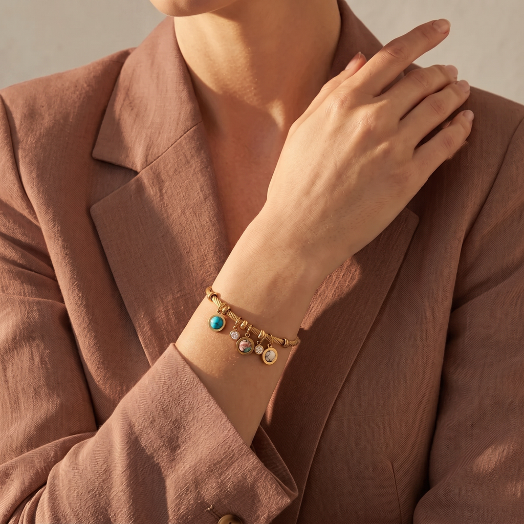 Rigid Braided Bracelet in 18K Gold Plated Steel with Stone and Rhinestone Charms