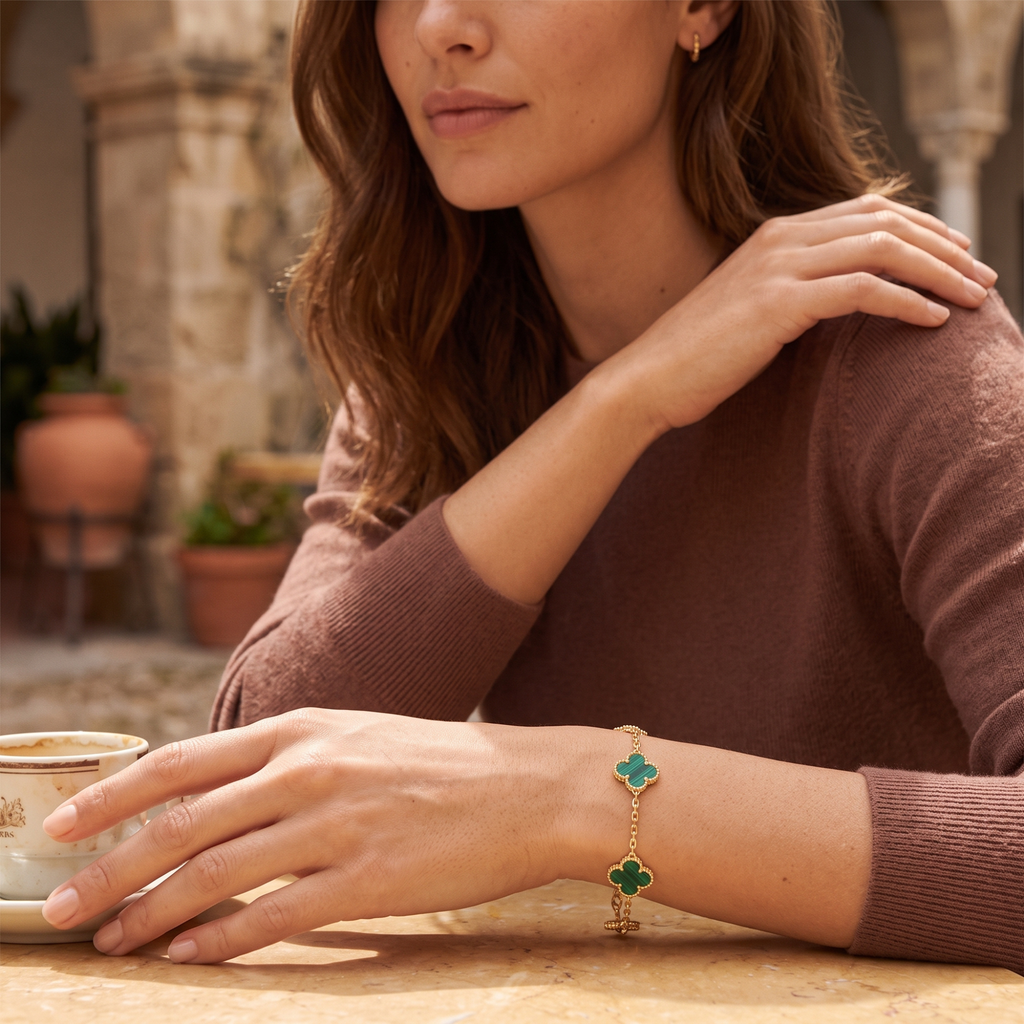 Malachite Green Clover Bracelet 100% 18K Gold Plated Steel