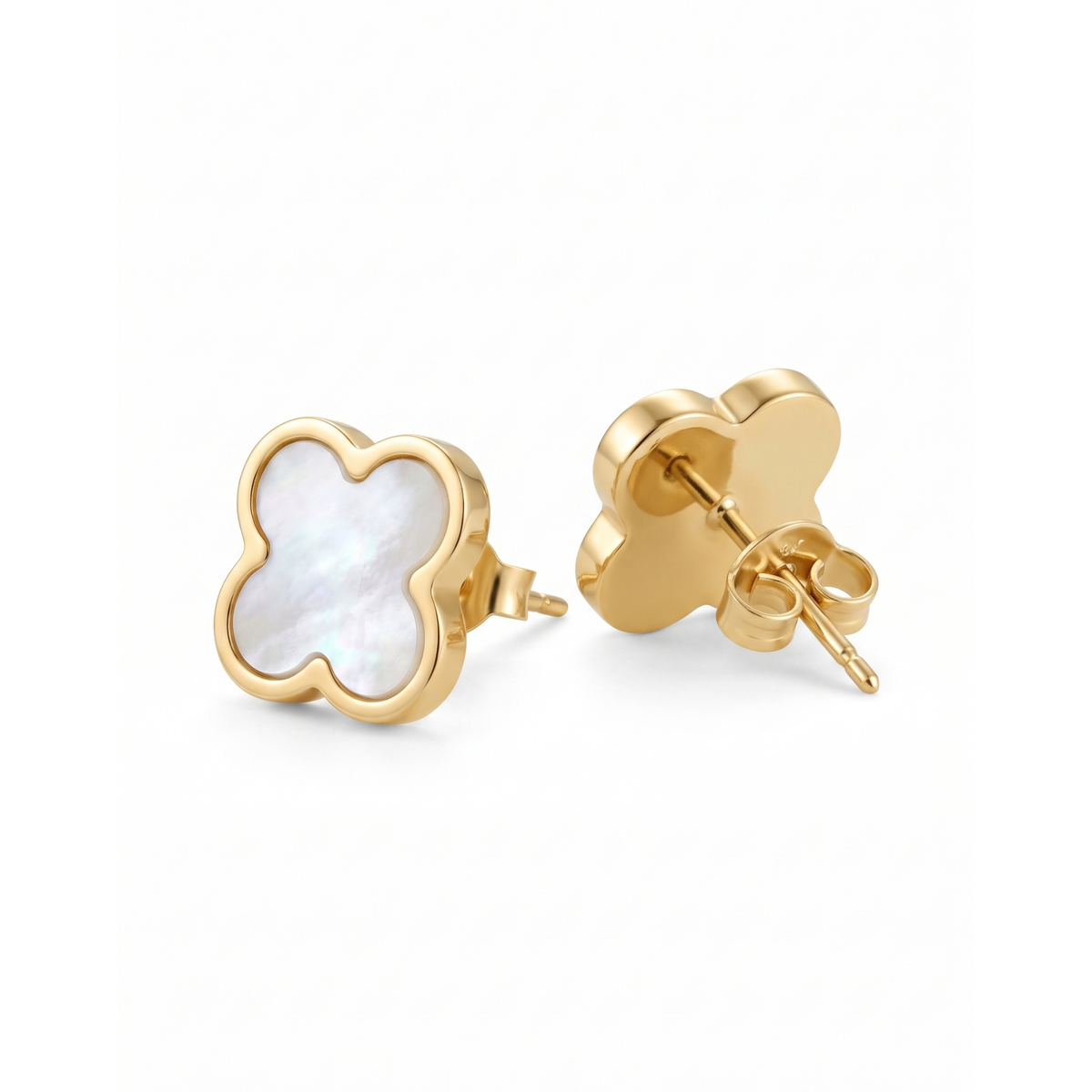 Boucles d'oreilles clous trèfle en nacre blanche 100 % acier plaqué or 18 carats