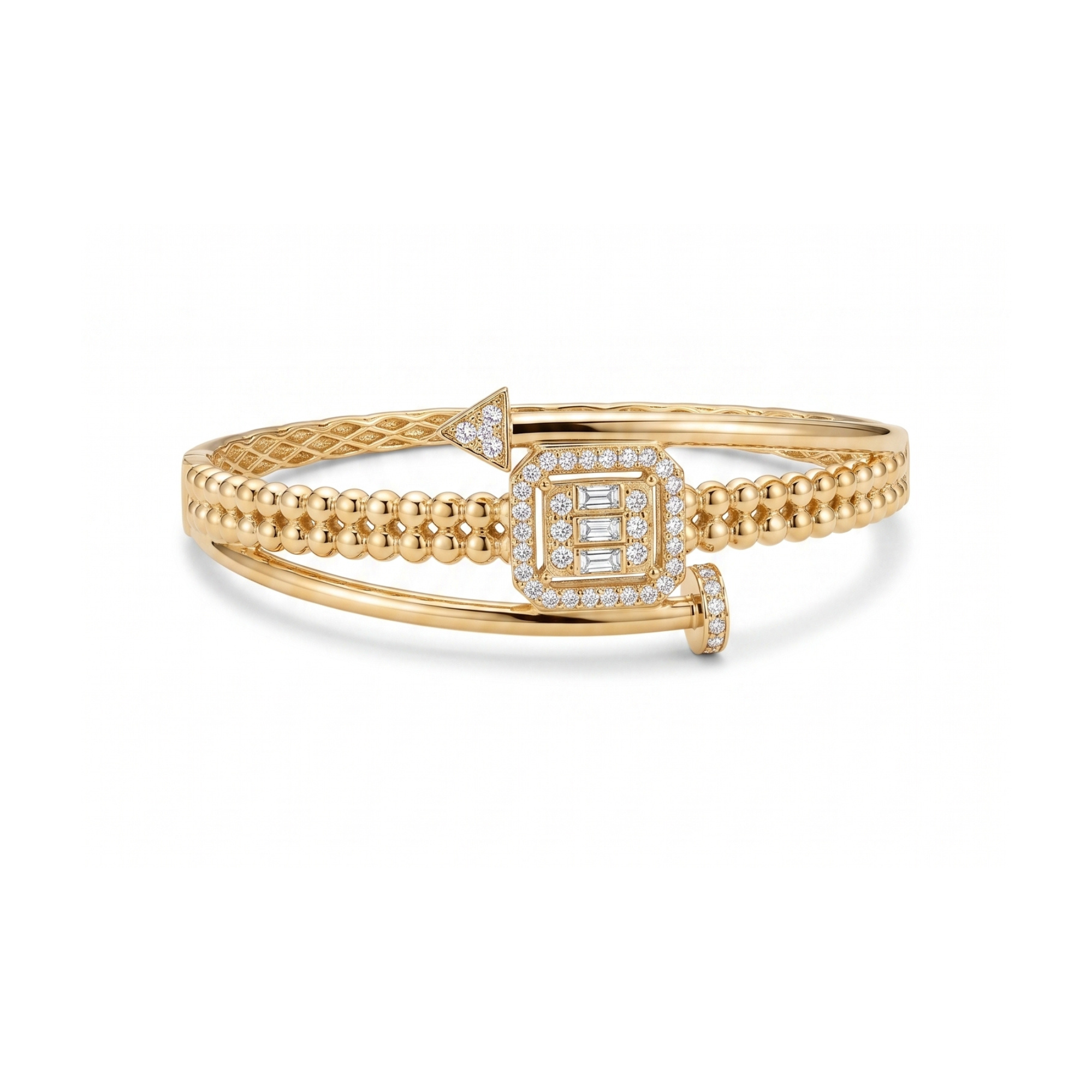 Rigid Double Band Bracelet with Square Cubic Zirconia Charm 100% Steel 18K Gold Plated
