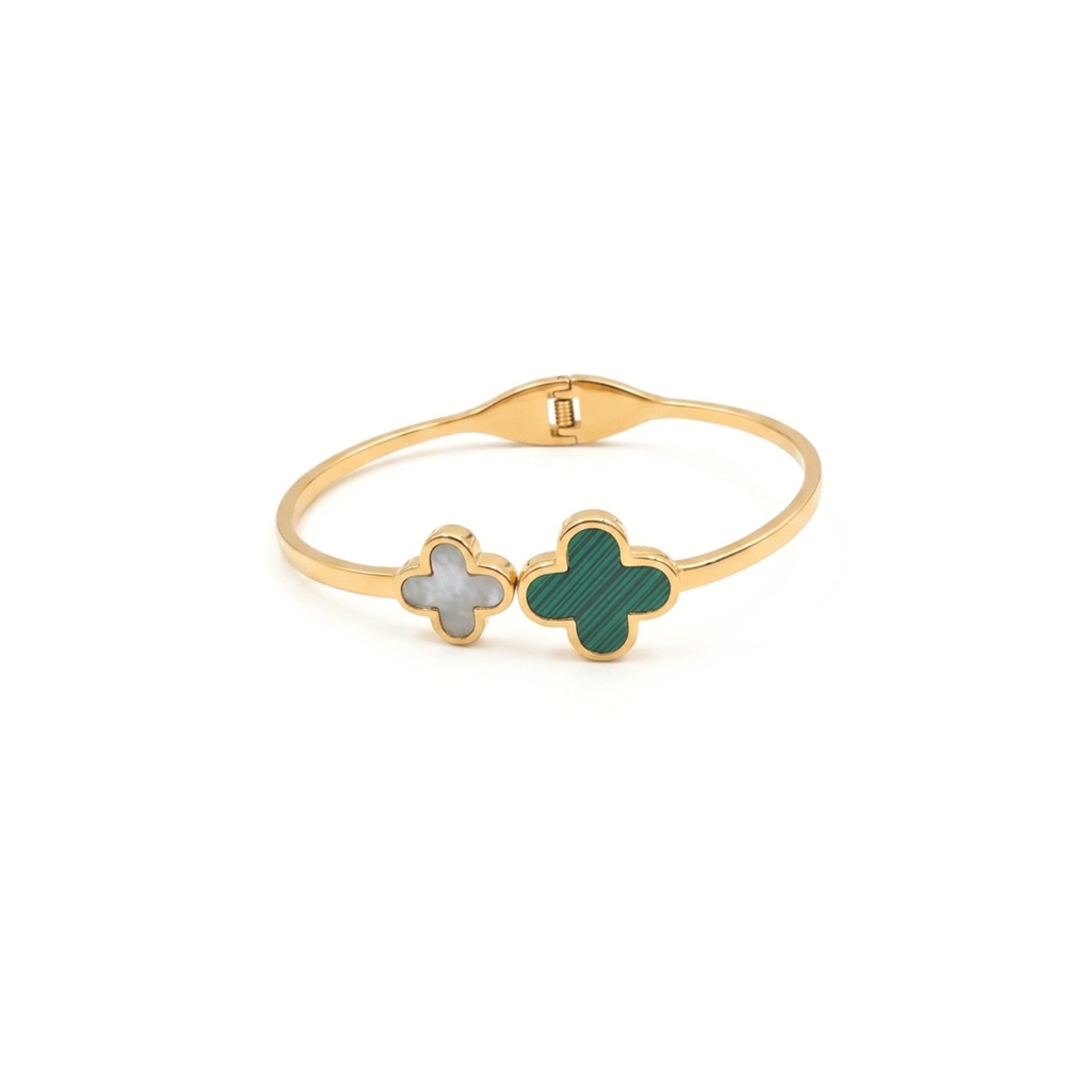 Rigid Bracelet with White Mother-of-Pearl and Green Malachite Clover 100% 18K Gold Plated Steel