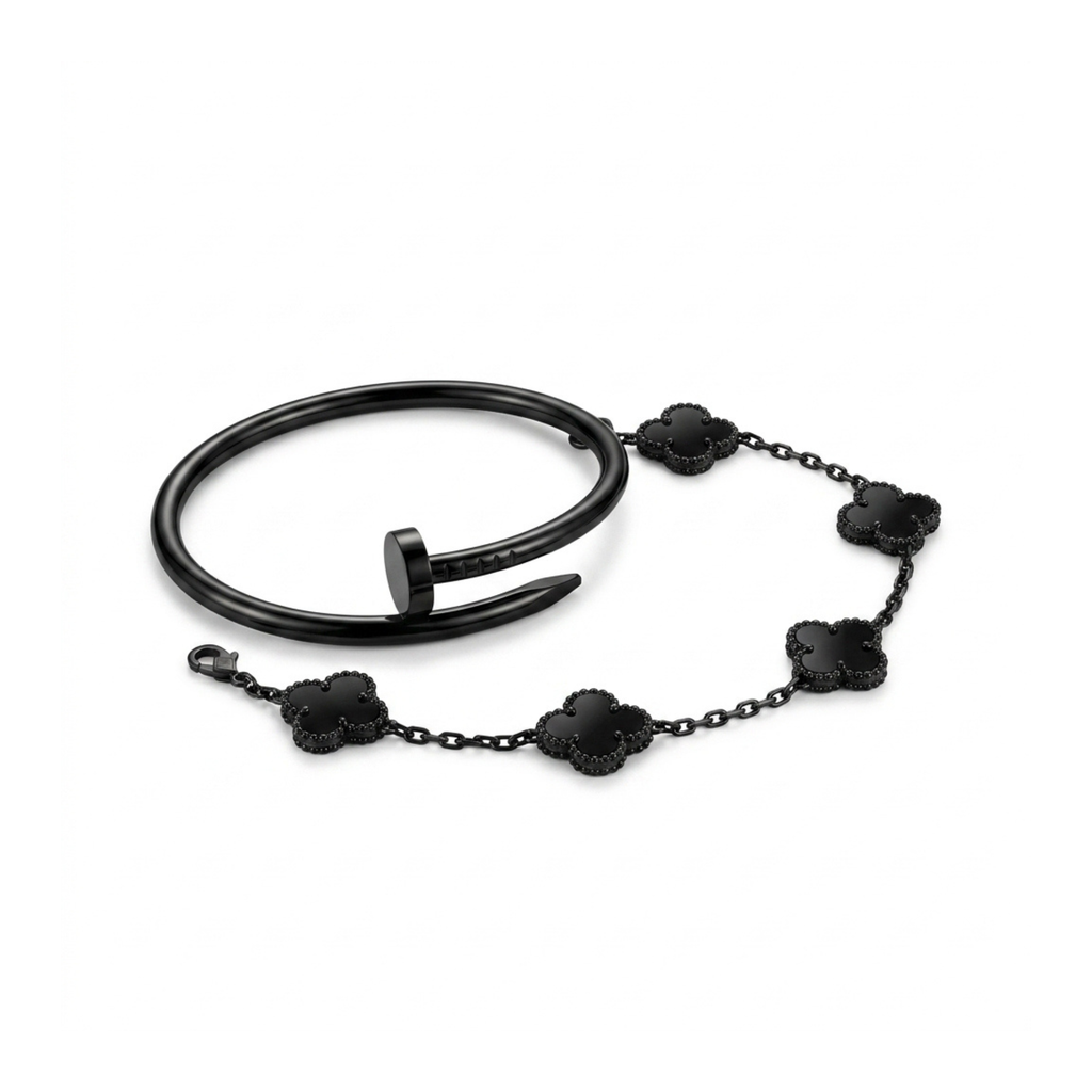 Black Steel Bracelet Duo: Nail Bracelet and Clover Chain