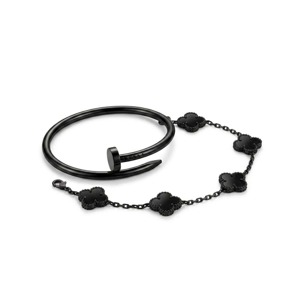 Black Steel Bracelet Duo: Nail Bracelet and Clover Chain
