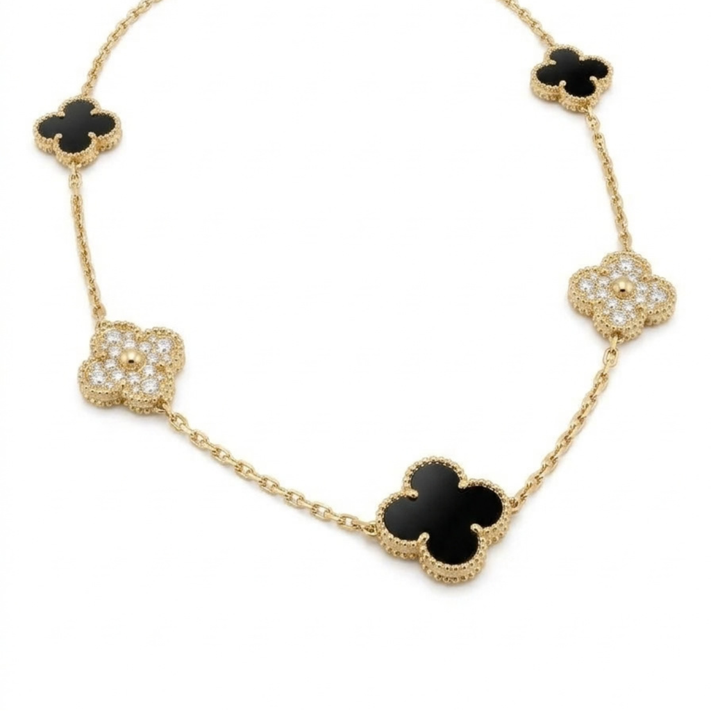 Collar Trèfle Ébène & Pavé Diamanté con Motivos Perlados