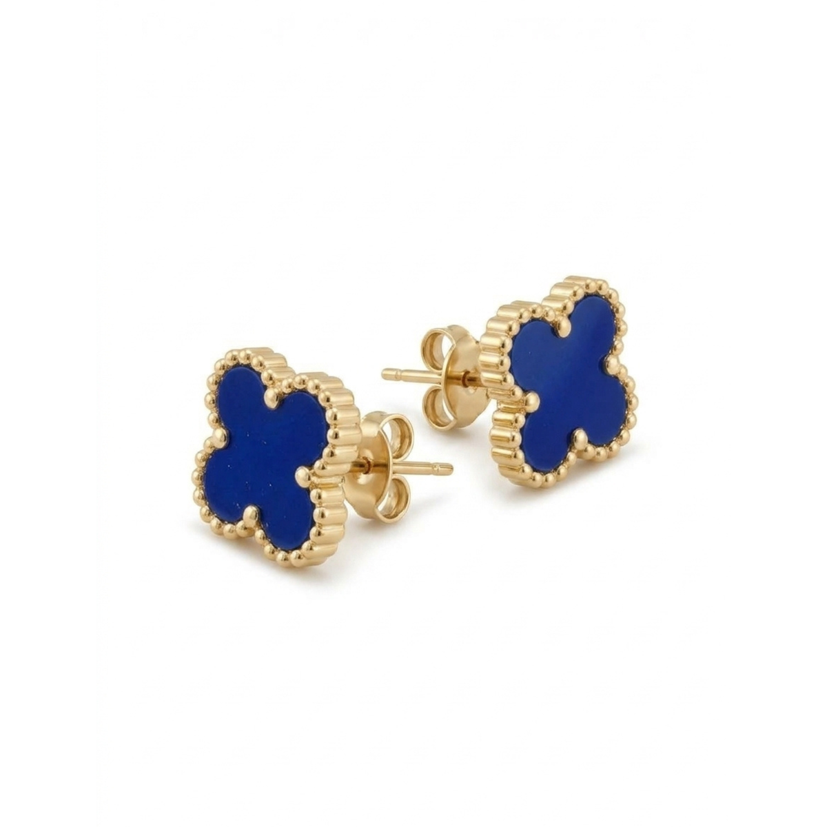 Boucles d'oreilles trèfle bleu porte-bonheur - Acier plaqué or 18 carats