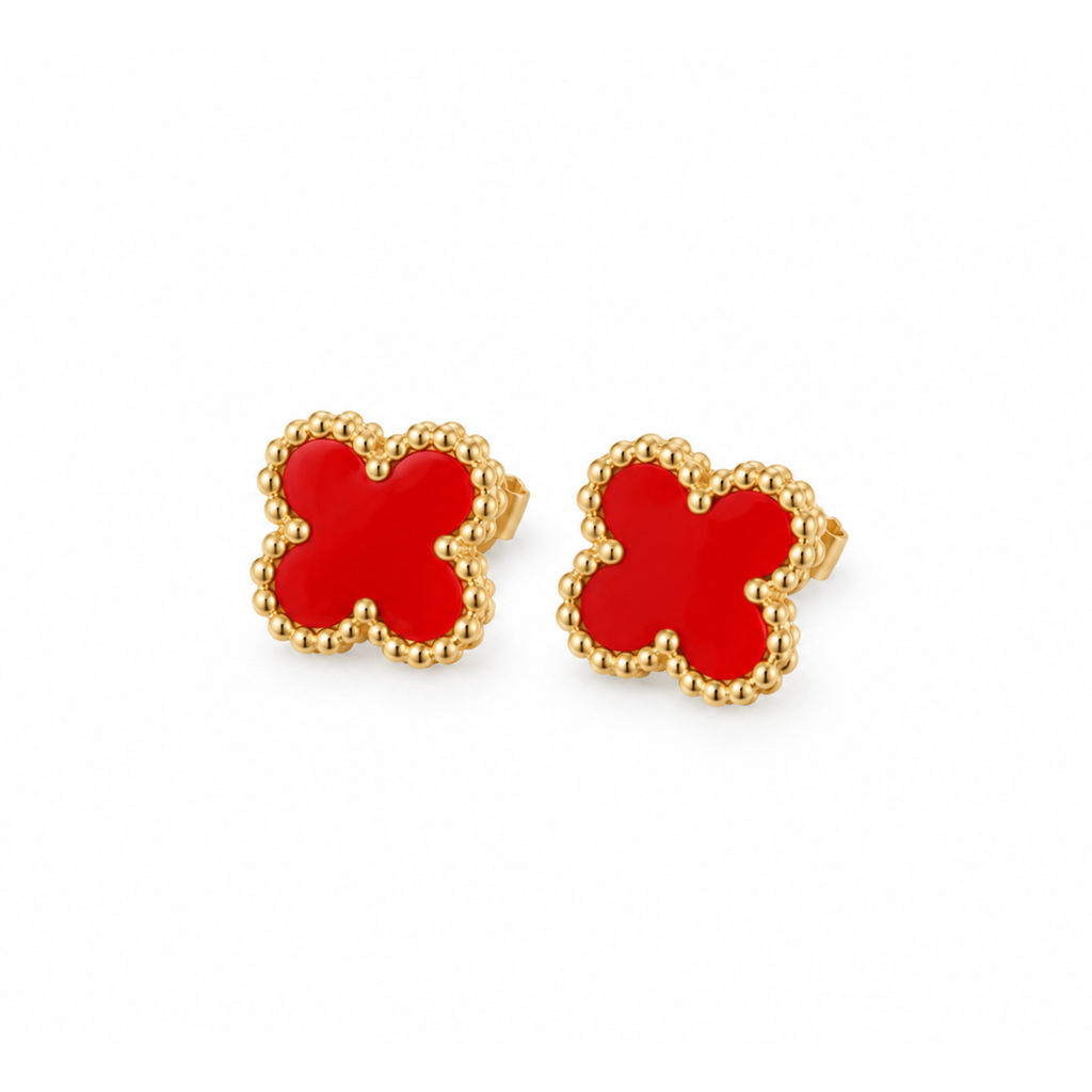 Vivid Red Trèfle Stud Earrings with Beaded Edge