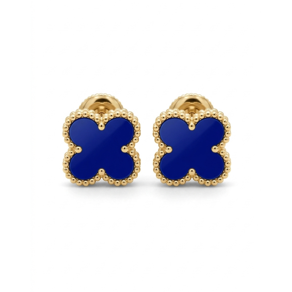 Boucles d'oreilles trèfle bleu porte-bonheur - Acier plaqué or 18 carats