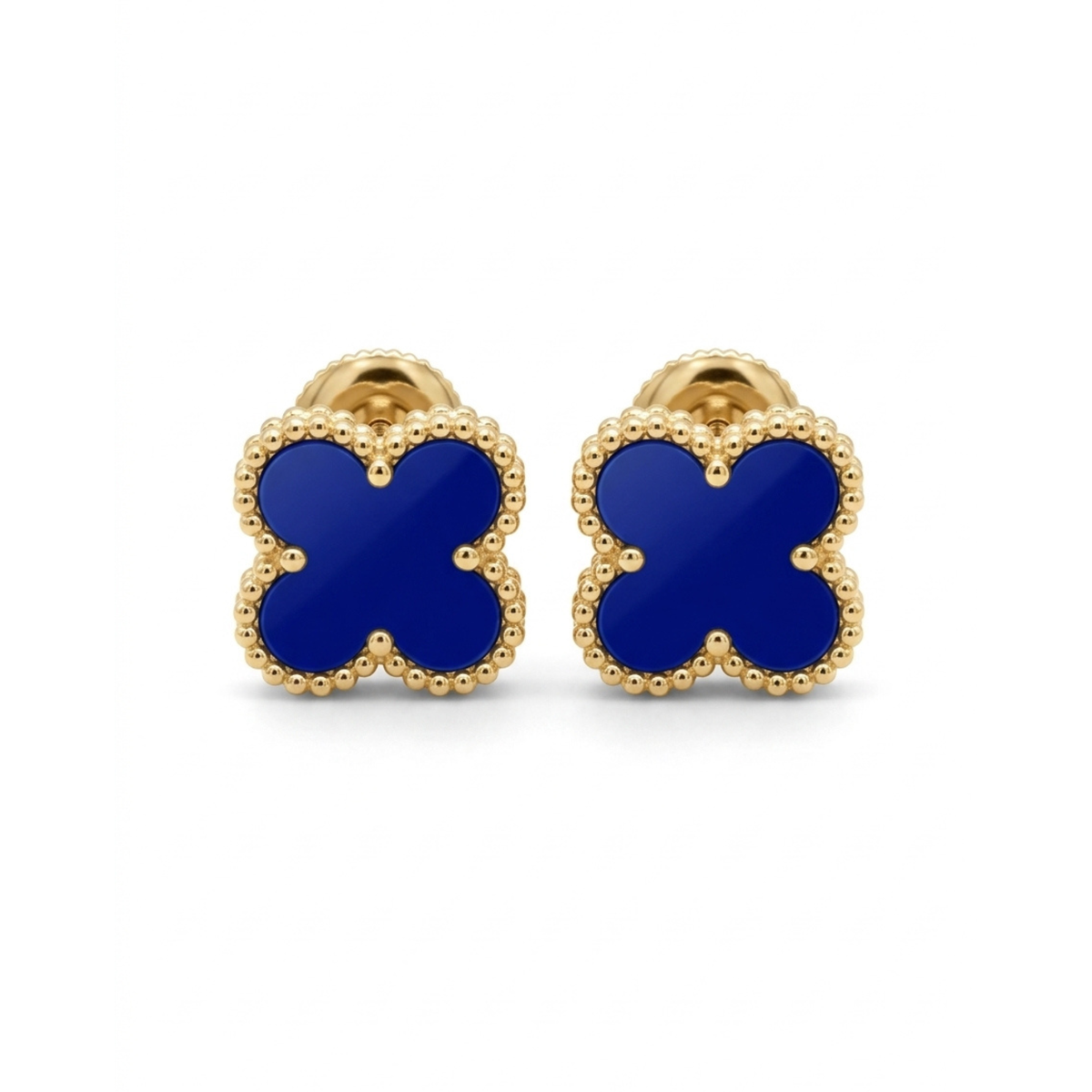 Boucles d'oreilles trèfle bleu porte-bonheur - Acier plaqué or 18 carats