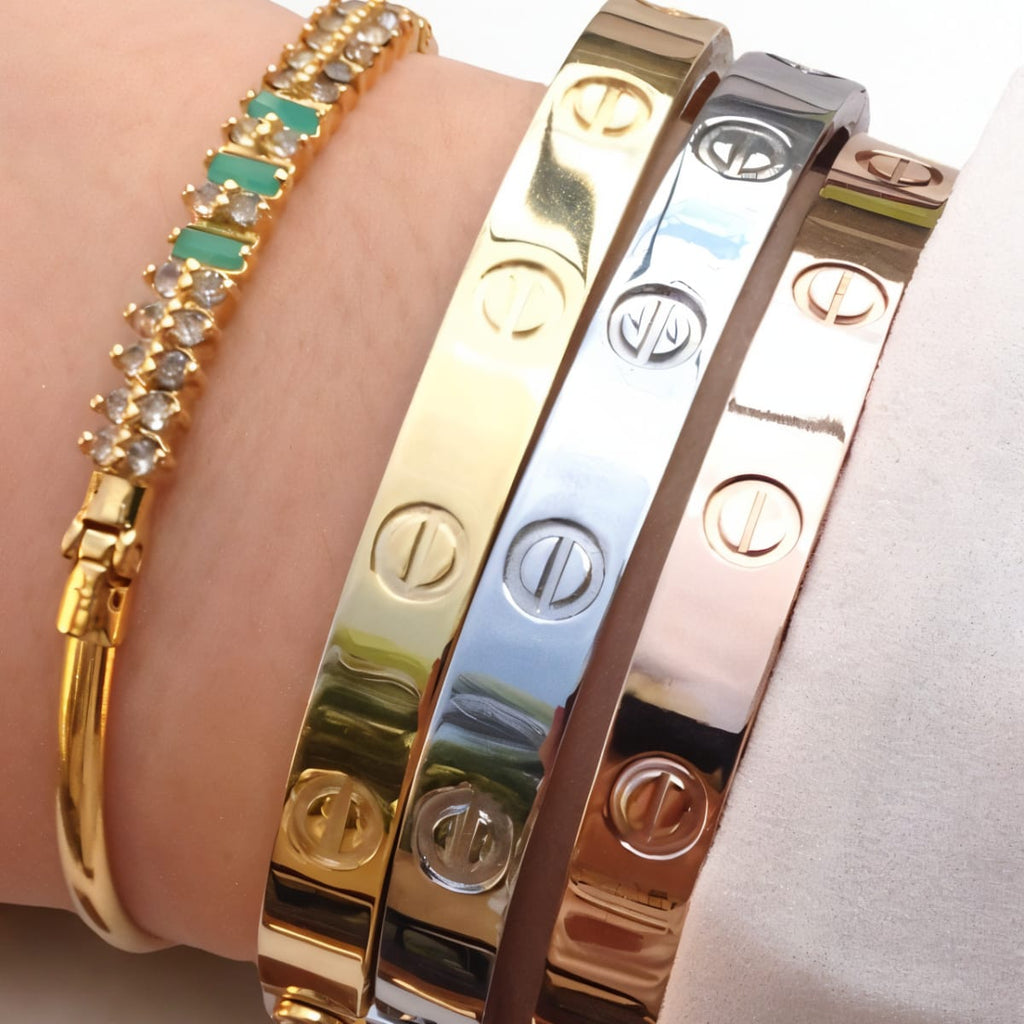 Pack de 3 Pulseras Love de Acero Inoxidable Bañadas en Oro 18K – Oro, Plata y Oro Rosado