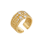 Anillo ajustable de banda ancha para mujer en 100% acero bañado en oro 18K. Diseño trenzado con pavé de cristales transparentes de diferentes tamaños. Joyería fabricada en Bélgica.