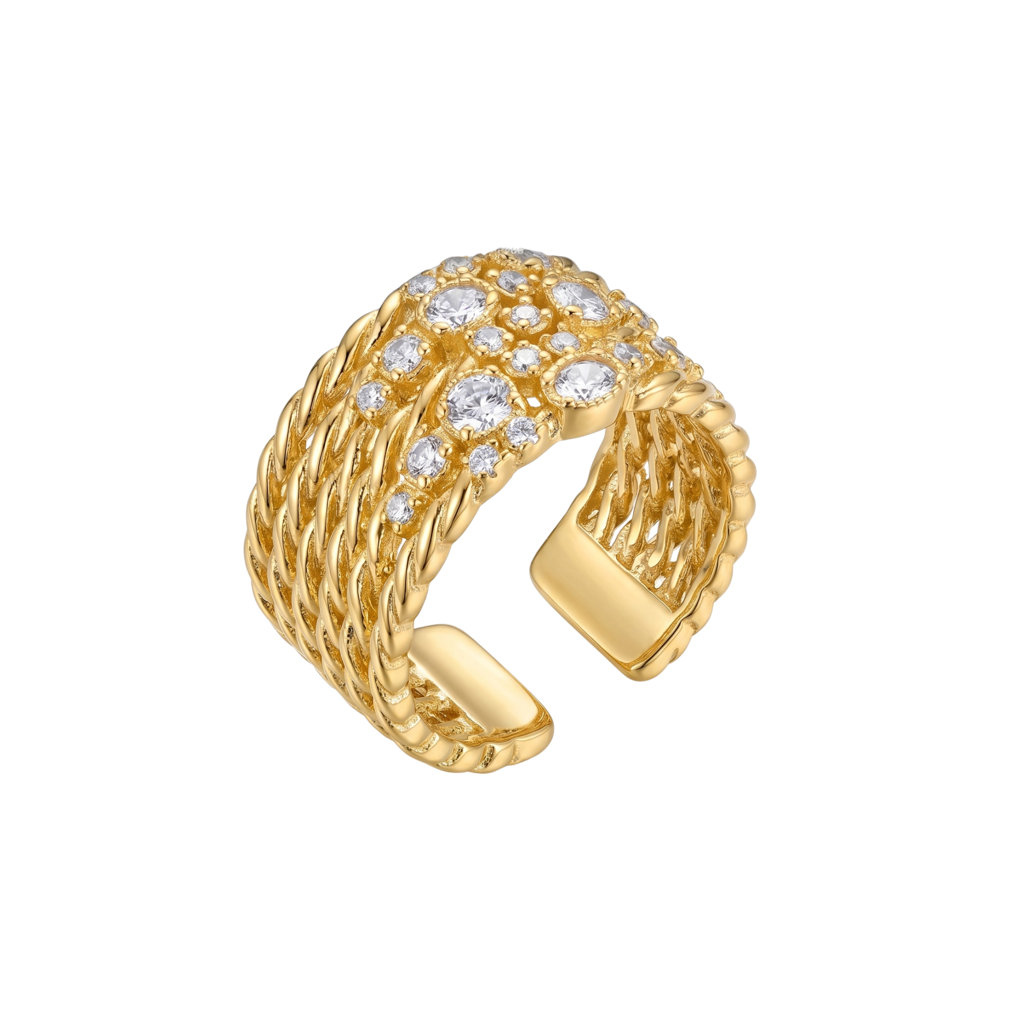 Anillo ajustable de banda ancha para mujer en 100% acero bañado en oro 18K. Diseño trenzado con pavé de cristales transparentes de diferentes tamaños. Joyería fabricada en Bélgica.