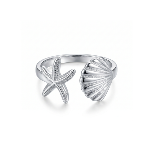 Anillo ajustable de acero con diseño abierto de estrella de mar y concha marina, acabado en plata, fabricado en España por Papelito.