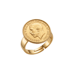 Anillo ajustable de acero bañado en oro de 18K con diseño de moneda clásica de George V, hecho en España por Papelito.