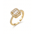 Anillo ajustable para mujer en acero con baño de oro 18K. Diseño con pieza central cuadrada de circonitas transparentes en talla baguette y redonda. Joyería de lujo fabricada en Bélgica.