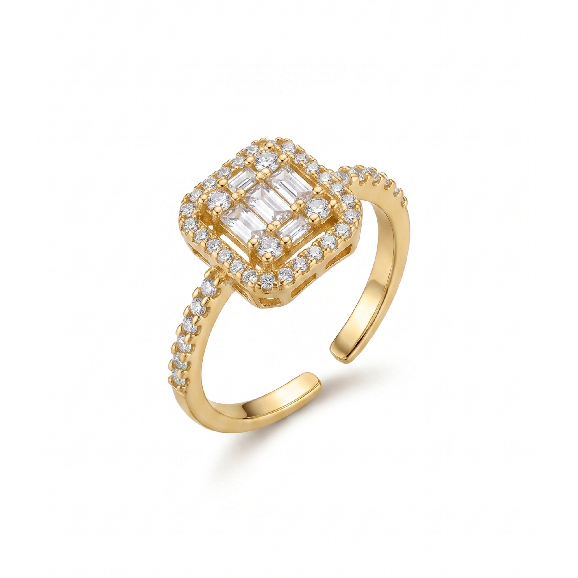 Anillo ajustable para mujer en acero con baño de oro 18K. Diseño con pieza central cuadrada de circonitas transparentes en talla baguette y redonda. Joyería de lujo fabricada en Bélgica.
