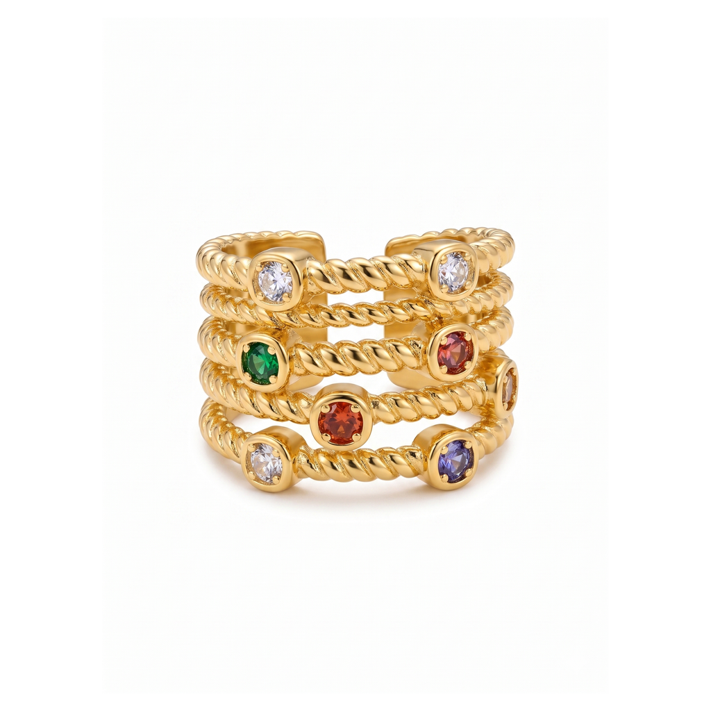 Anillo abierto y ajustable para mujer en 100% acero con baño de oro 18K. Diseño de aros múltiples trenzados con piedras de circonita multicolor engastadas. Fabricado en Bélgica.