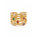 Anillo abierto y ajustable para mujer en 100% acero con baño de oro 18K. Diseño de aros múltiples trenzados con piedras de circonita multicolor engastadas. Fabricado en Bélgica.