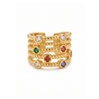 Anillo abierto y ajustable para mujer en 100% acero con baño de oro 18K. Diseño de aros múltiples trenzados con piedras de circonita multicolor engastadas. Fabricado en Bélgica.