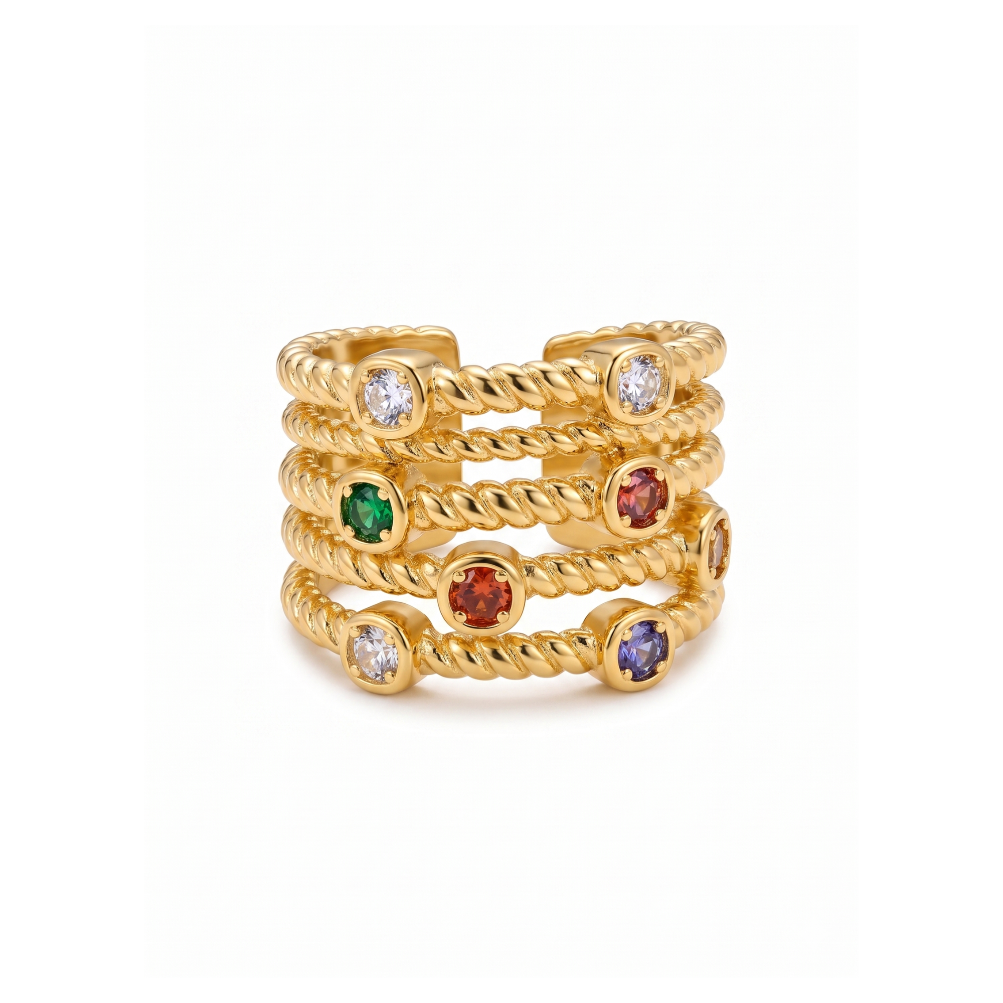 Anillo abierto y ajustable para mujer en 100% acero con baño de oro 18K. Diseño de aros múltiples trenzados con piedras de circonita multicolor engastadas. Fabricado en Bélgica.