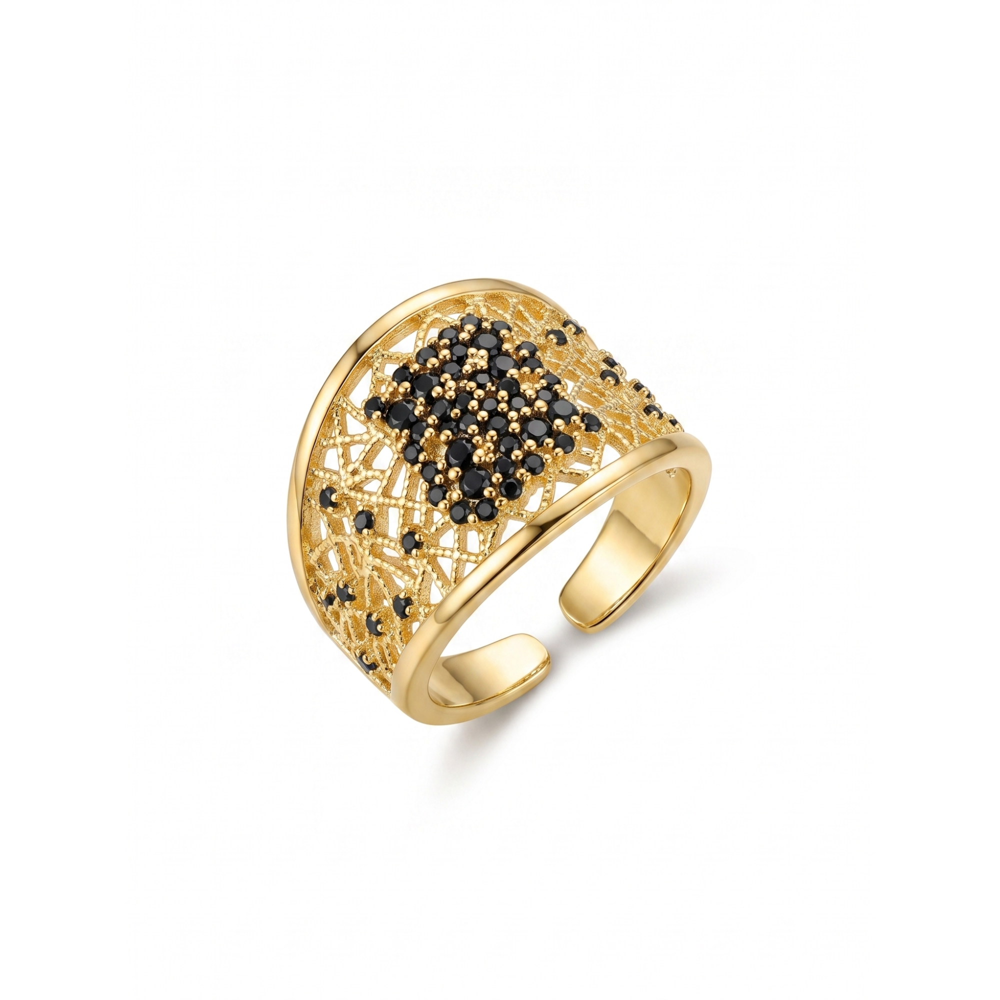 Anillo ajustable de diseño calado tipo rejilla en acero bañado en oro 18K con piedras negras brillantes. Joya de lujo fabricada en Bélgica con acabado profesional.