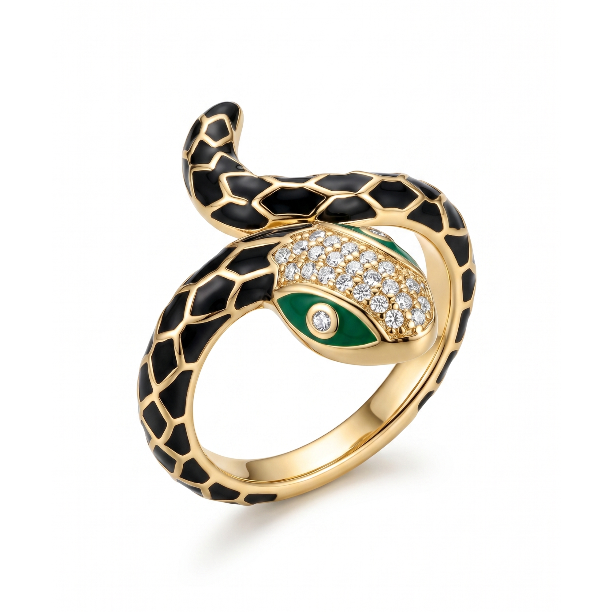 Anillo ajustable de serpiente en acero bañado en oro de 18K con esmalte negro, cristales blancos y ojos verdes, fabricado en España.