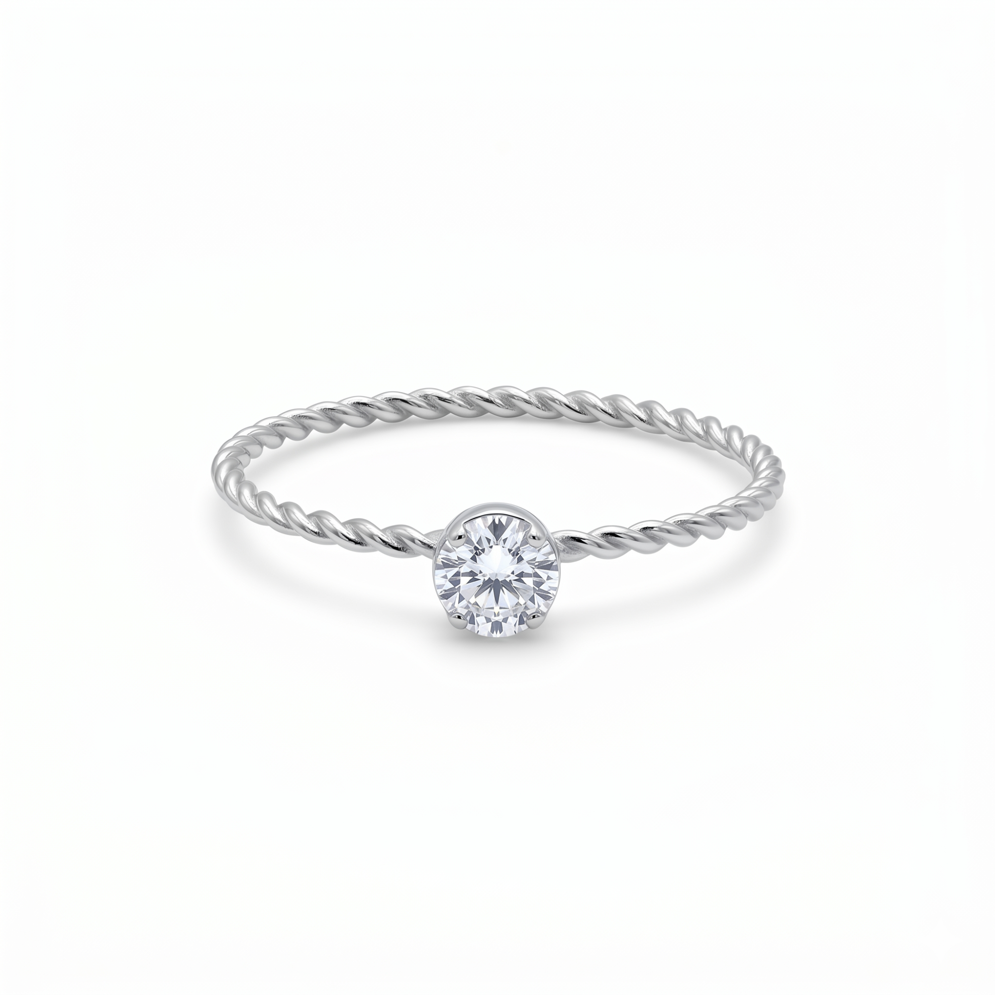 Anillo solitario de lujo para mujer con cuerpo trenzado y brillante central. Joyería exclusiva fabricada en 100% acero inoxidable con baño de oro blanco 18K. Hecho en Bélgica.
