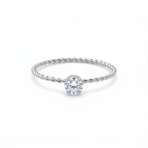 Anillo solitario de lujo para mujer con cuerpo trenzado y brillante central. Joyería exclusiva fabricada en 100% acero inoxidable con baño de oro blanco 18K. Hecho en Bélgica.