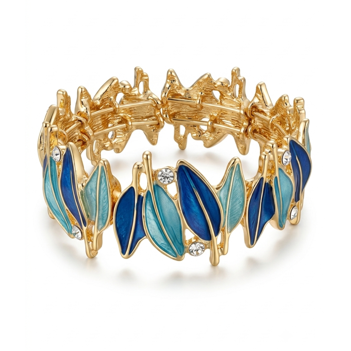 Brazalete rígido de acero dorado con diseño de hojas esmaltadas en color azul marino y turquesa, con pequeños cristales brillantes incrustados, hecho en España.