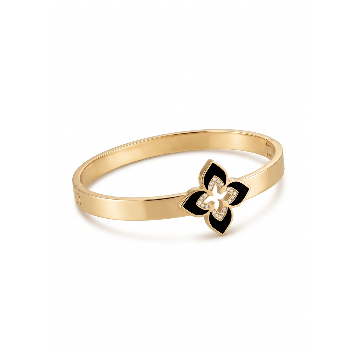 Brazalete rígido de acero bañado en oro de 18k con tecnología PVD y dije central de flor en esmalte negro con circonitas