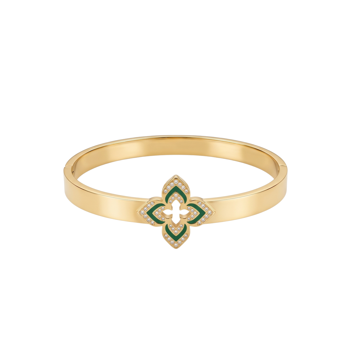 Brazalete rígido de acero bañado en oro de 18k con tecnología PVD y dije de flor esmaltada en verde esmeralda con circonitas