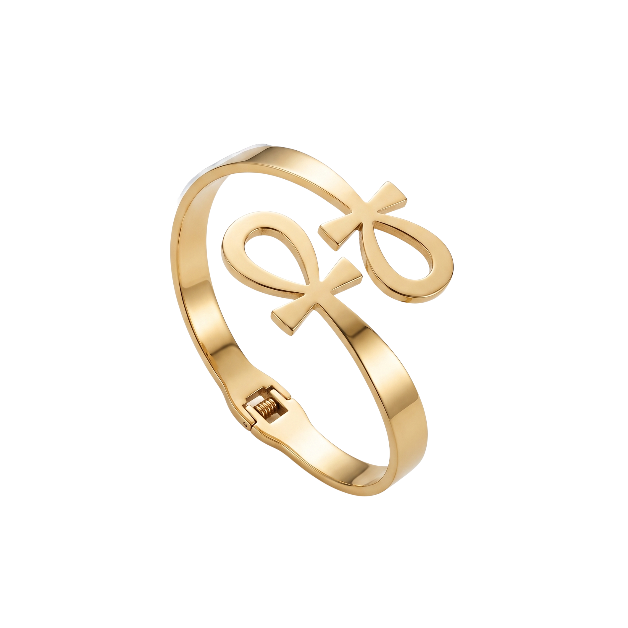 Brazalete rígido de diseño abierto con doble símbolo Ankh bañado en oro de 18K, joyería de lujo fabricada en España.