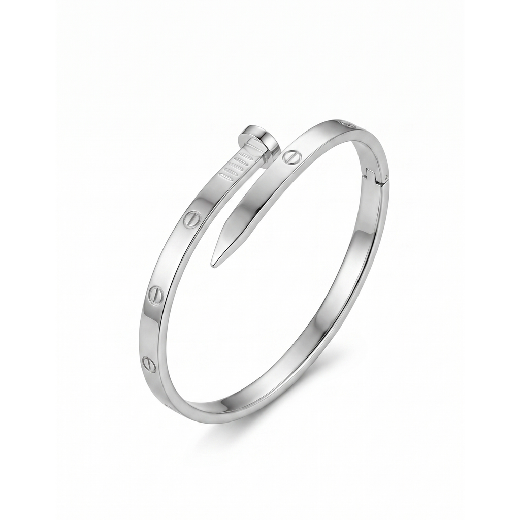 Brazalete rígido en forma de clavo de acero inoxidable 100% con baño de oro de 18k PVD, hecho en España.