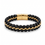Brazalete de lujo para hombre en cuero negro trenzado y cadena de acero con baño de oro 18K. Joyería masculina de alta calidad fabricada en España con cierre magnético.