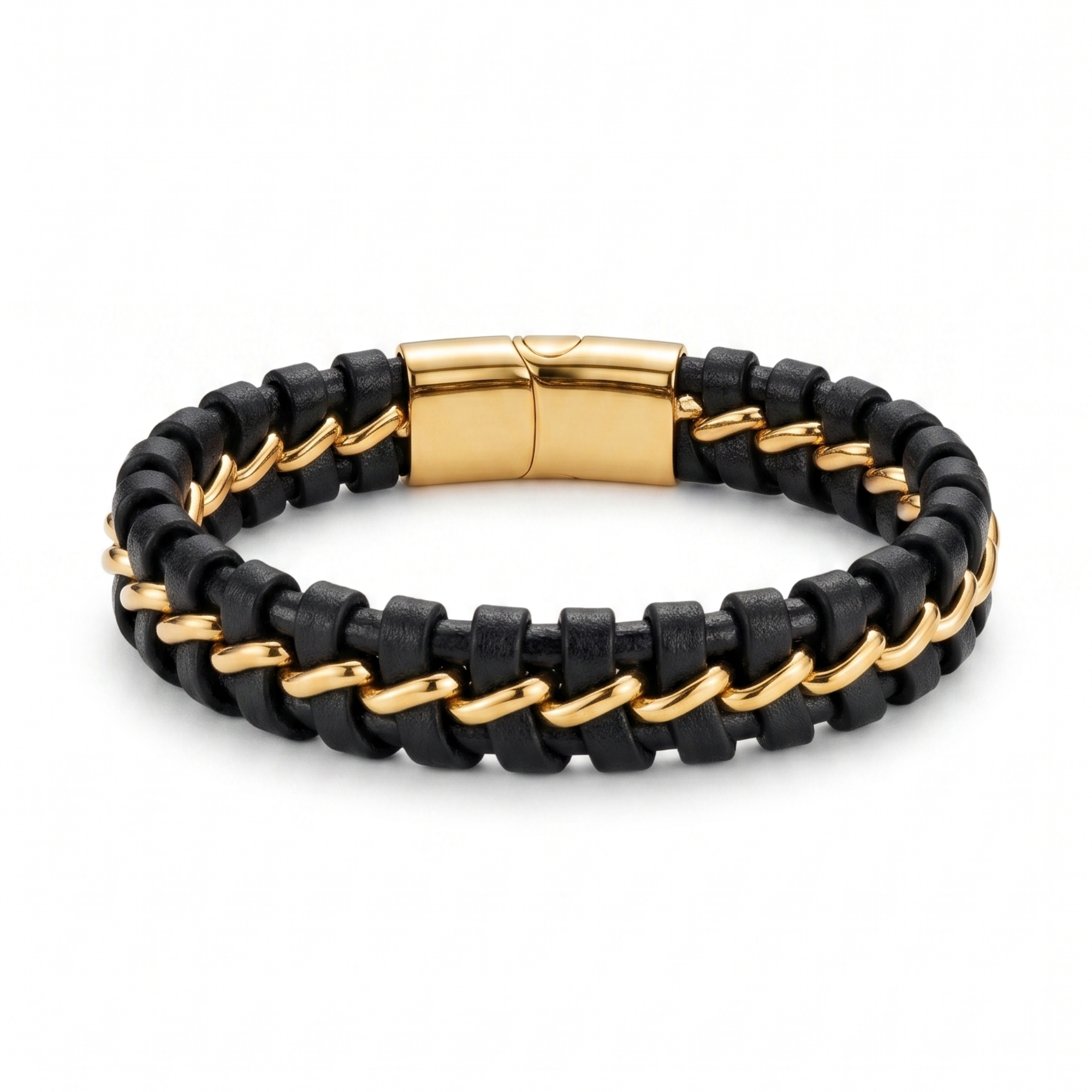 Brazalete de lujo para hombre en cuero negro trenzado y cadena de acero con baño de oro 18K. Joyería masculina de alta calidad fabricada en España con cierre magnético.