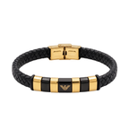 Brazalete de hombre en cuero negro trenzado con detalles de acero bañado en oro 18K. Joyería masculina de lujo fabricada en España con diseño elegante.