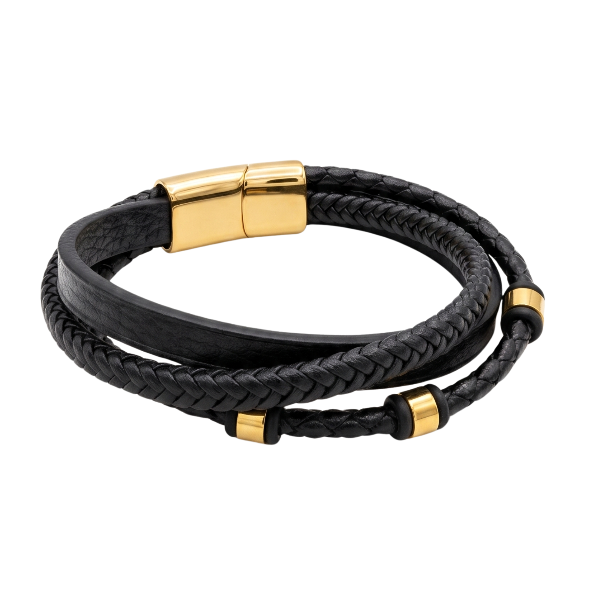 Brazalete de tres capas para hombre en cuero negro trenzado y liso con detalles metálicos en baño de oro 18K. Fabricado en España con cierre magnético.