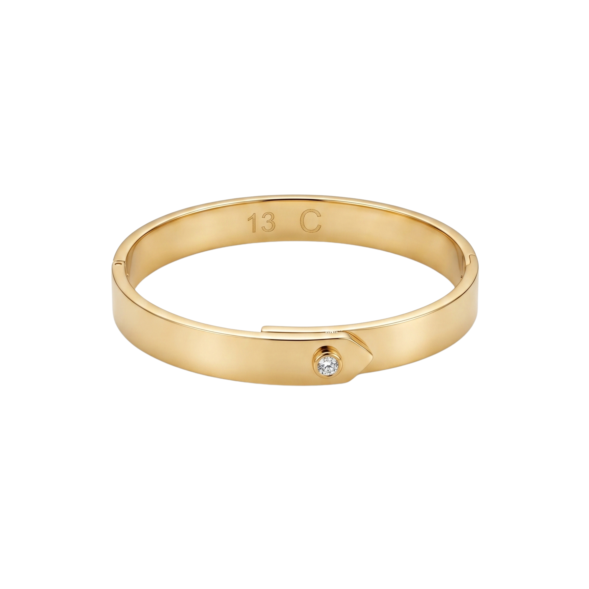 Brazalete rígido minimalista de acero inoxidable 100% bañado en oro de 18k PVD con circonita brillante y medidas técnicas, hecho en España.